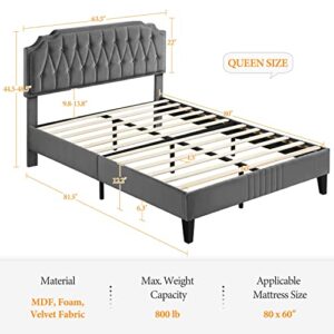 Yaheetech Queen Bed Frame Velvet Upholstered Platform Bed with Curved Headboard, Height-Adjustable Headboard/Noise-Free/Wooden Slats Support/No Box Spring Needed/Easy Assembly, Dark Gray Queen Bed