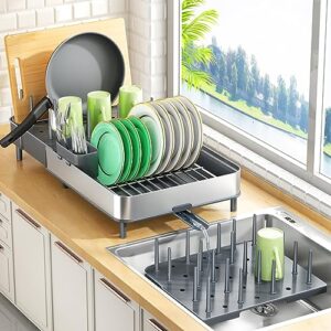 dish drying rack - expandable dish racks - large stainless steel dish drainer for kitchen counter with utensil holder and cup holder, grey