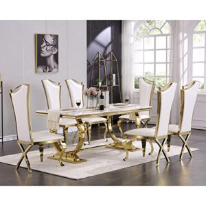 acedÉcor 7 piece dining table set, gold kitchen and room sets for 6, metal circling base table in white gold, white leather upholstered chairs with stainless steel legs white table with white chairs