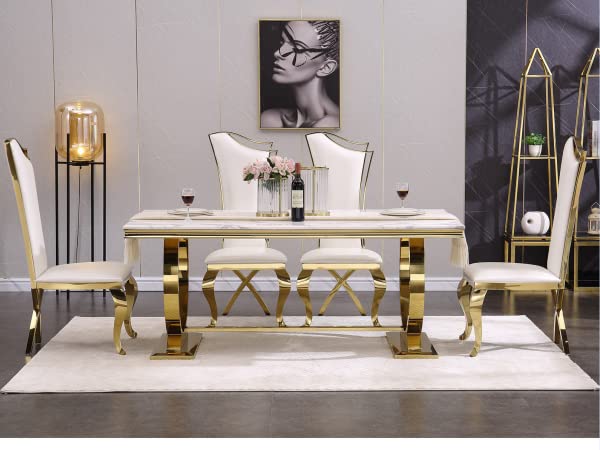 ACEDÉCOR 7 Piece Dining Table Set, Gold Kitchen and Room Sets for 6, Metal Circling Base Table in White Gold, White Leather Upholstered Chairs with Stainless Steel Legs White Table With White Chairs