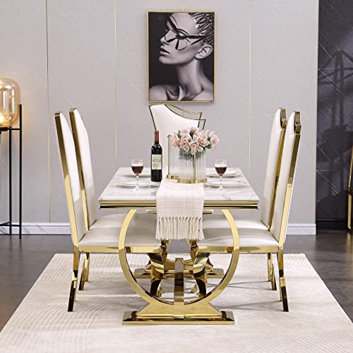 ACEDÉCOR 7 Piece Dining Table Set, Gold Kitchen and Room Sets for 6, Metal Circling Base Table in White Gold, White Leather Upholstered Chairs with Stainless Steel Legs White Table With White Chairs