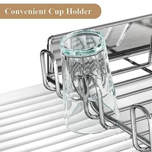 Dish Drying Rack - Expandable Dish Rack - Large Stainless Steel Dish Dryer Racks for Kitchen Counter with Wine Glass Holder, Cutlery Holder, White