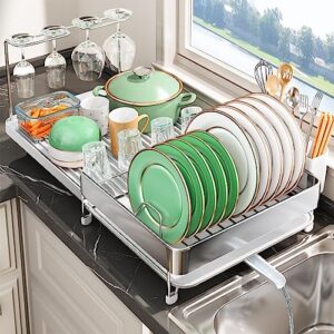 dish drying rack - expandable dish rack - large stainless steel dish dryer racks for kitchen counter with wine glass holder, cutlery holder, white