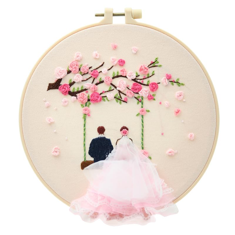 BYVUTE Embroidery Wedding Kit, for Beginners Wedding Decor Stamped Cross Stitch DIY Full Range Easy Needlepoint with Hoops and Color Threads for Adults Lovers Propose (Happiness)