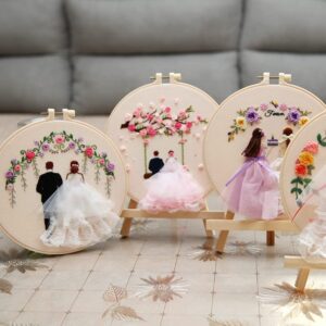BYVUTE Embroidery Wedding Kit, for Beginners Wedding Decor Stamped Cross Stitch DIY Full Range Easy Needlepoint with Hoops and Color Threads for Adults Lovers Propose (Happiness)