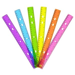 6 pack color transparent ruler plastic rulers 12 inch, metric bulk rulers with inches and centimeters, kids ruler for school, home, office
