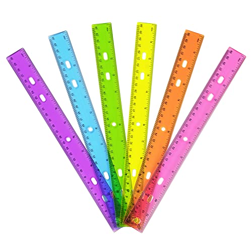 6 Pack Color Transparent Ruler Plastic Rulers 12 Inch, Metric Bulk Rulers with Inches and Centimeters, Kids Ruler for School, Home, Office