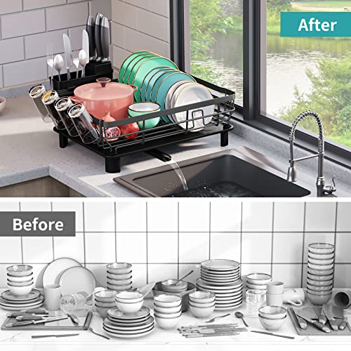 XILIDIA Dish Drying Rack with Drainboard, Grey Dish Racks for Kitchen Counter, Dish Dryer Rack with Drainage, Large Capacity Dish Drainer with Utensil Holder and Extra Dish Drying Mat