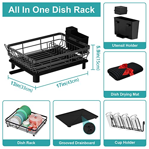 XILIDIA Dish Drying Rack with Drainboard, Grey Dish Racks for Kitchen Counter, Dish Dryer Rack with Drainage, Large Capacity Dish Drainer with Utensil Holder and Extra Dish Drying Mat