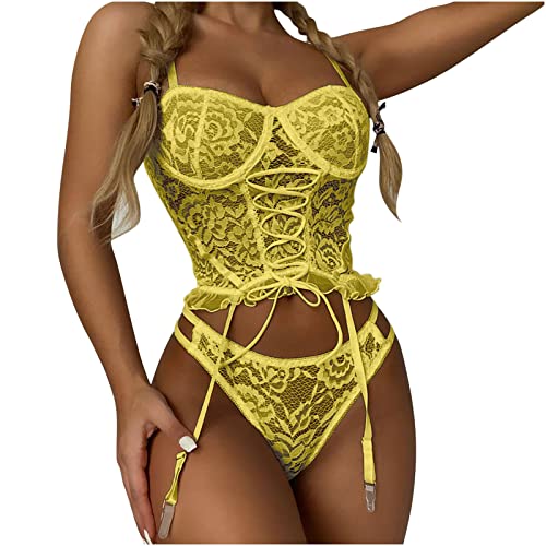 Sexy Lingerie for Women for Sex Naughty Play Teddy Babydoll Underwear with Garter Exotic Bodysuit Corset Sleepwear Yellow