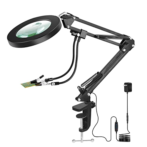 Magnifying Glass with Light and Clamp, 5X & 10X Magnifying Lens Desk Lamp with Gooseneck Arms, 3 Color Modes, 108 pcs LED Beads, LED Lighted Magnifier with Light for Hobby Crafts Repair Close Works