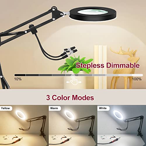 Magnifying Glass with Light and Clamp, 5X & 10X Magnifying Lens Desk Lamp with Gooseneck Arms, 3 Color Modes, 108 pcs LED Beads, LED Lighted Magnifier with Light for Hobby Crafts Repair Close Works