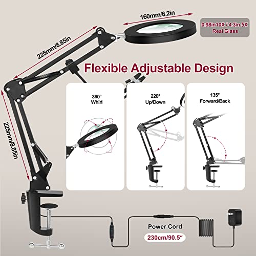 Magnifying Glass with Light and Clamp, 5X & 10X Magnifying Lens Desk Lamp with Gooseneck Arms, 3 Color Modes, 108 pcs LED Beads, LED Lighted Magnifier with Light for Hobby Crafts Repair Close Works