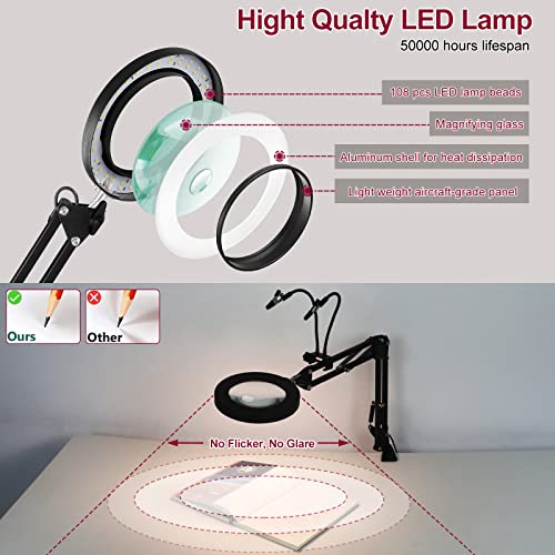 Magnifying Glass with Light and Clamp, 5X & 10X Magnifying Lens Desk Lamp with Gooseneck Arms, 3 Color Modes, 108 pcs LED Beads, LED Lighted Magnifier with Light for Hobby Crafts Repair Close Works