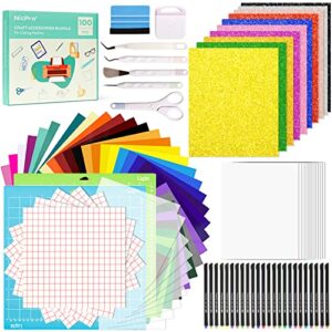 nicpro 100 pcs accessories bundle for cricut machine maker cricut tool kit with (12x12") 10 heat transfer vinyl, 32 adhesive vinyl sheets, weeding tools, 2 cutting mats, 24 colored pen for beginner