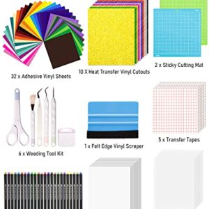 Nicpro 100 PCS Accessories Bundle for Cricut Machine Maker Cricut Tool kit with (12x12") 10 Heat Transfer Vinyl, 32 Adhesive Vinyl Sheets, Weeding Tools, 2 Cutting Mats, 24 Colored Pen for Beginner