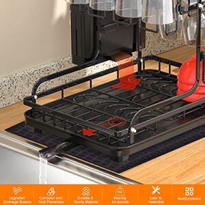 Stofiro Dish Drying Rack with Drainboard, 2 Tier Dish Racks for Kitchen Counter, Multifunctional Dish Drainer, Large Dish Drying Rack with Drying Mat, Kitchen Drying Rack with Wine Glass Holder, Black