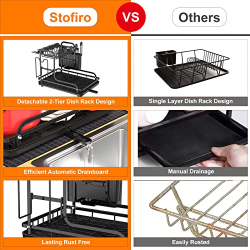 Stofiro Dish Drying Rack with Drainboard, 2 Tier Dish Racks for Kitchen Counter, Multifunctional Dish Drainer, Large Dish Drying Rack with Drying Mat, Kitchen Drying Rack with Wine Glass Holder, Black