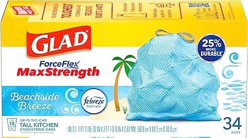 Glad ForceFlex MaxStrength Tall Kitchen Drawstring Trash Bags, 13 Gallon, Beachside Breeze with Febreze Freshness, 34 Count