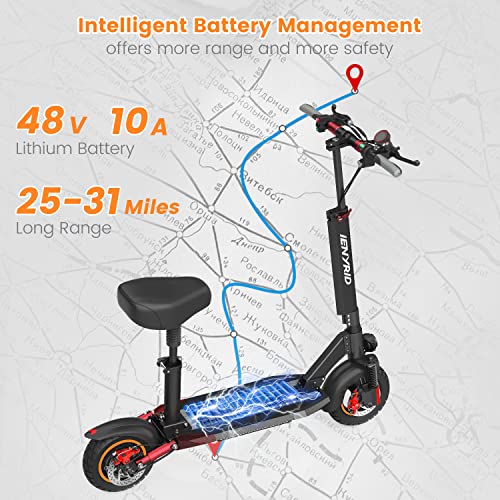 iENYRID Adult Electric Scooter, E Scooter with Detachable Seat for Adults, 600W Motor, 28Mph Top Speed, 31Miles Max Range, 10" Pneumatic Tires for Commuter -Black