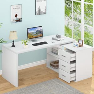 hsh white l shaped desk with drawers shelves, l shaped computer desk with storage cabinet, corner home office desk for pc executive writing study work, reversible bedroom wood computer table, 55 inch