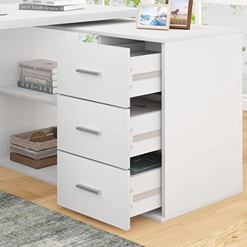 HSH White L Shaped Desk with Drawers Shelves, L Shaped Computer Desk with Storage Cabinet, Corner Home Office Desk for PC Executive Writing Study Work, Reversible Bedroom Wood Computer Table, 55 Inch