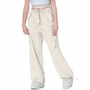 Rolanko Girls Parachute Pants, Cargo Pants for Girls Baggy Y2K Loose Jogger Trousers with Pockets for Kids (Beige, 8-10)