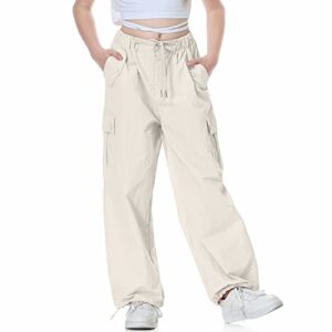 rolanko girls parachute pants, cargo pants for girls baggy y2k loose jogger trousers with pockets for kids (beige, 8-10)