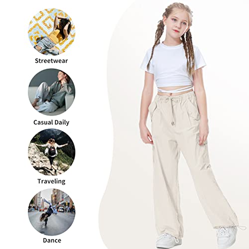 Rolanko Girls Parachute Pants, Cargo Pants for Girls Baggy Y2K Loose Jogger Trousers with Pockets for Kids (Beige, 8-10)