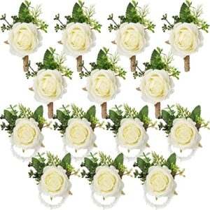 48 pcs wedding wrist corsage boutonniere set, ivory rose wrist flower wristlet band corsage bracelet for bride bridesmaid women girls white boutonniere for men groom groomsmen for prom wedding party