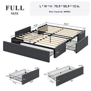 Allewie Full Size Platform Bed Frame with 3 Storage Drawers, Fabric Upholstered, Wooden Slats Support, No Box Spring Needed, Noise Free, Easy Assembly, Dark Grey