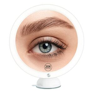 beinocci 20x magnifying mirror with light - 8'' lighted makeup strong magnification portable travel suction cup easy mounting led magnified for bathroom, white (xh-011)