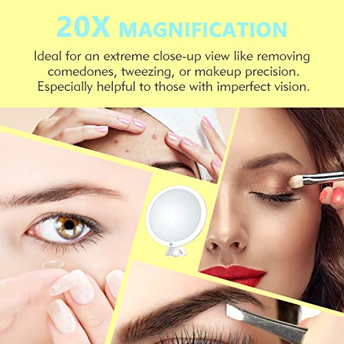 Beinocci 20x Magnifying Mirror with Light - 8'' Lighted Makeup Strong Magnification Portable Travel Suction Cup Easy Mounting LED Magnified for Bathroom, White (XH-011)