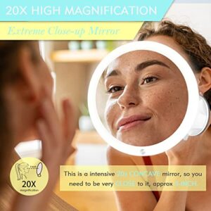 Beinocci 20x Magnifying Mirror with Light - 8'' Lighted Makeup Strong Magnification Portable Travel Suction Cup Easy Mounting LED Magnified for Bathroom, White (XH-011)