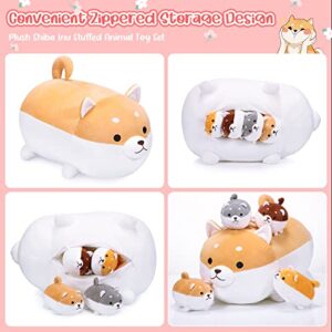 5 Pcs Stuffed Mommy Babies Dog Pillows 17.7 Inch Shiba Inu Plush Animals Toys with 5.9 Inch Small Corgi Dog Puppy Babies Plush Pillows 4 in 1 Kawaii Puppy with Babies Inside Toys Gift for Girls Boys