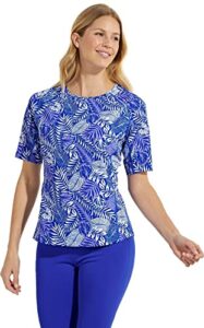 coolibar upf 50+ women's hightide short sleeve swim shirt - sun protective (medium- baja blue vista palm)