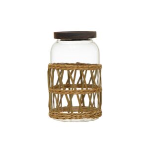 creative co-op boho glass storage acacia wood lid, natural canister