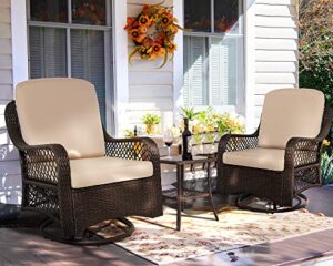 leisu 3-pieces patio swivel wicker bistro furniture set with cushioned patio swivel rocker swivel rocking chairs set side table outdoor rattan conversation sets (beige)