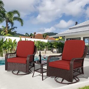 magic union rattan rockers outdoor furniture 3 piece, rocking chairs wicker patio bistro set with side table, outdoor 360°swivel rocker chairs with padded cushions (dark red)