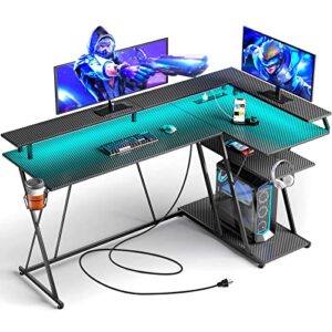 seven warrior l shaped gaming desk with led lights & power outlets, 55” reversible corner desk with storage shelf, computer desk with monitor stand, gaming table with cup holder, with hooks, black