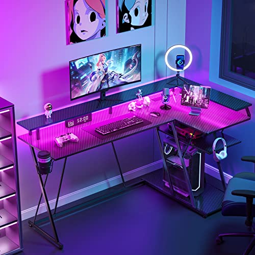 SEVEN WARRIOR L Shaped Gaming Desk with LED Lights & Power Outlets, 55” Reversible Corner Desk with Storage Shelf, Computer Desk with Monitor Stand, Gaming Table with Cup Holder, with Hooks, Black