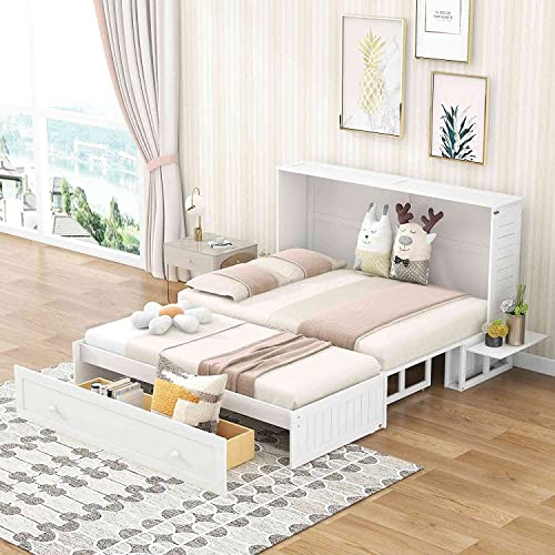 DNYN Queen Size Mobile Murphy Bed with Storage Drawer, Wood Bedframe w/Little Shelves on Each Side, Can Convert to Cabinet for Guest Room Home Office, White