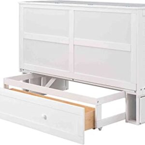 DNYN Queen Size Mobile Murphy Bed with Storage Drawer, Wood Bedframe w/Little Shelves on Each Side, Can Convert to Cabinet for Guest Room Home Office, White