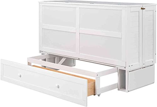 DNYN Queen Size Mobile Murphy Bed with Storage Drawer, Wood Bedframe w/Little Shelves on Each Side, Can Convert to Cabinet for Guest Room Home Office, White