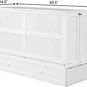 DNYN Queen Size Mobile Murphy Bed with Storage Drawer, Wood Bedframe w/Little Shelves on Each Side, Can Convert to Cabinet for Guest Room Home Office, White