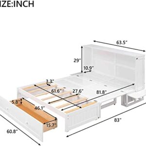 DNYN Queen Size Mobile Murphy Bed with Storage Drawer, Wood Bedframe w/Little Shelves on Each Side, Can Convert to Cabinet for Guest Room Home Office, White