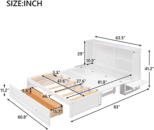 DNYN Queen Size Mobile Murphy Bed with Storage Drawer, Wood Bedframe w/Little Shelves on Each Side, Can Convert to Cabinet for Guest Room Home Office, White