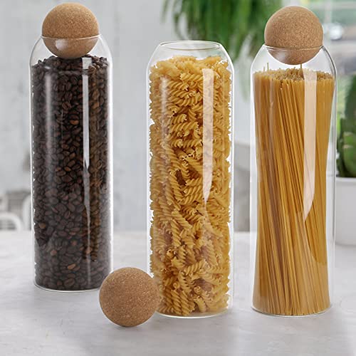 Suwimut 3 Pack Glass Storage Jar with Ball Cork Lid, 50oz/1500ml Glass Food Storage Canister Clear Tall Spaghetti Container with Round Cork Stopper for Kitchen Pantry Storage Spice, Coffee, Candy