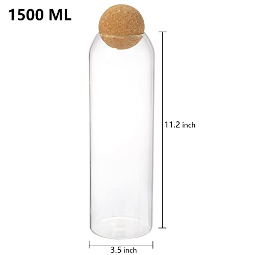 Suwimut 3 Pack Glass Storage Jar with Ball Cork Lid, 50oz/1500ml Glass Food Storage Canister Clear Tall Spaghetti Container with Round Cork Stopper for Kitchen Pantry Storage Spice, Coffee, Candy