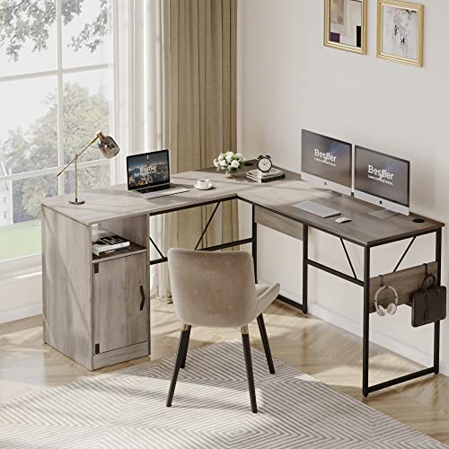 Bestier L Shaped Desk with File Cabinet Reversible Computer Desk 60'' Corner Desks Modern Long Desk 2 People Home Office Desk Study Workstation Table(Wash Grey)